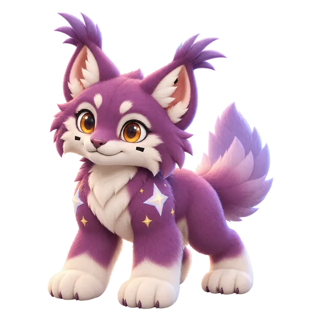 Astralyn, a Brismania creature: a violet lynx with star-flecked fur, 3D render