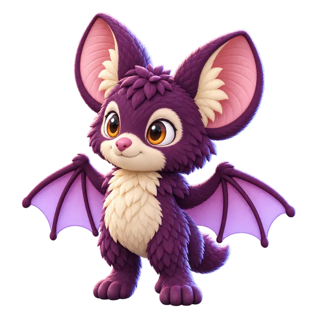 Duskwing, a Brismania creature: a plum-coloured bat with big ears, 3D render