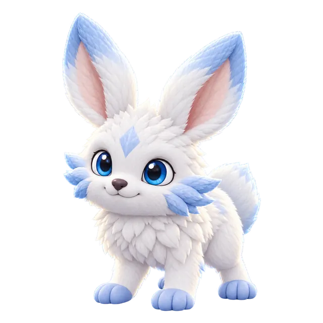 Frosthop, a Brismania creature: a white hare with ice-blue ears, 3D render