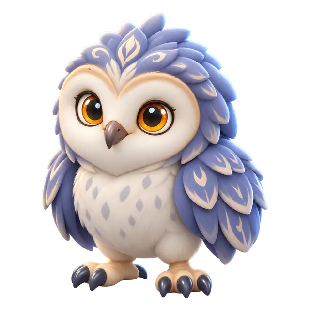 Glyphowl, a Brismania creature: a round owl with indigo feathers, 3D render