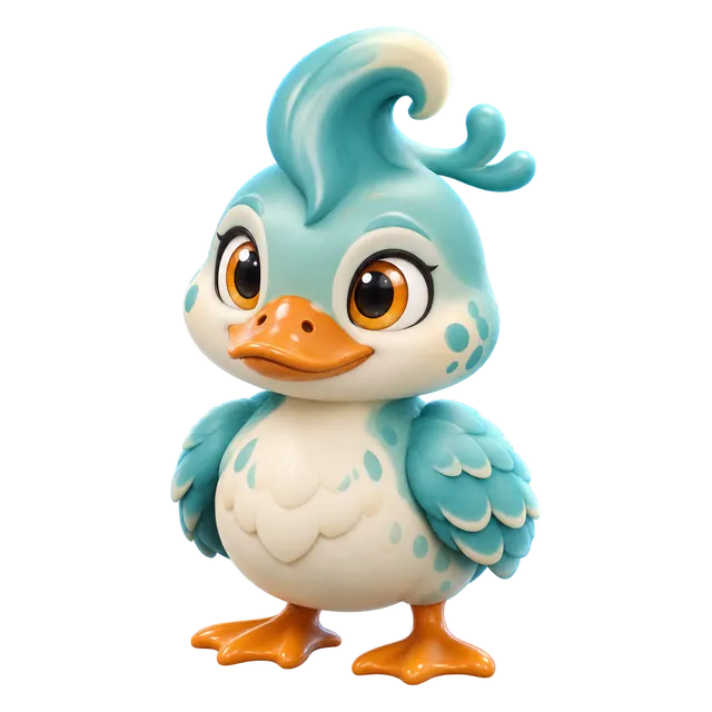Rillduck, a Brismania creature: a teal duck with a curling crest, 3D render
