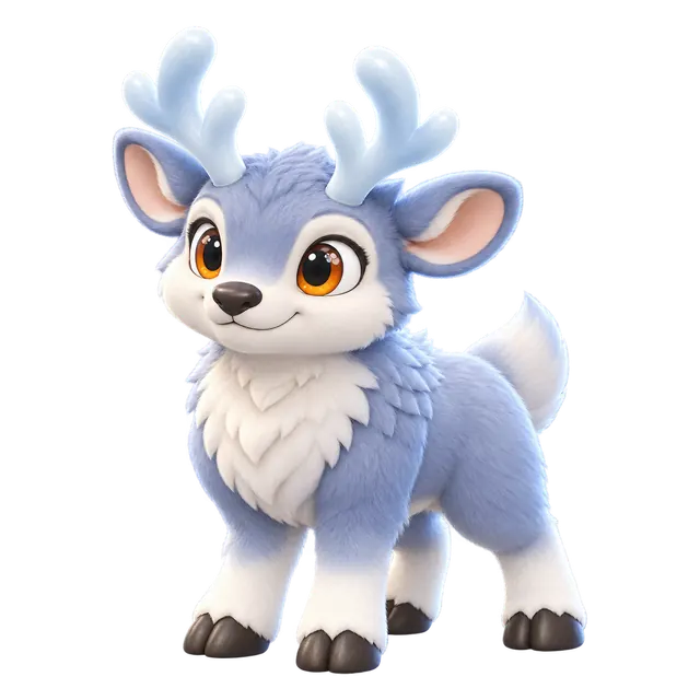 Rimehorn, a Brismania creature: a pale blue fawn with frosted antlers, 3D render