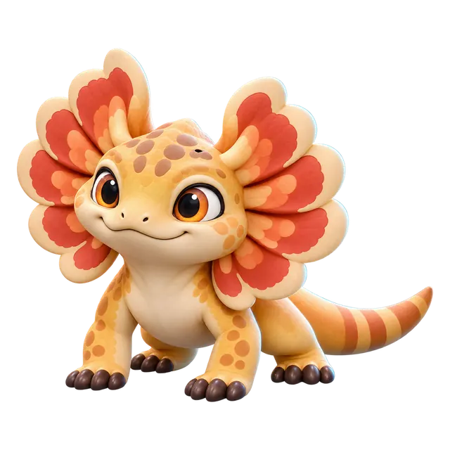 Saffrill, a Brismania creature: a saffron lizard with a red flower-like frill, 3D render