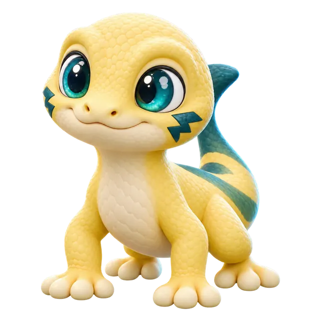 Sparkstep, a Brismania creature: a yellow gecko with a lightning-marked tail, 3D render
