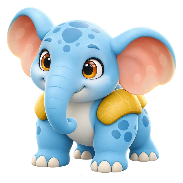Thundrum, a Brismania creature: a blue elephant calf with big pink ears, 3D render