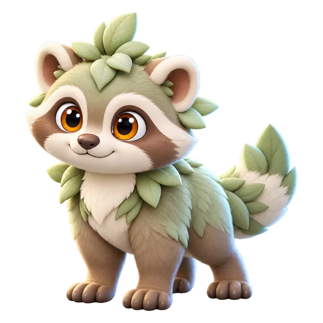 Vinecoon, a Brismania creature: a raccoon covered in leaves and vines, 3D render