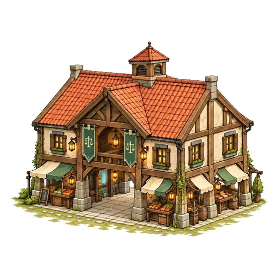 The Cozy City Grand Market: a timber market hall with striped awnings and green banners, isometric illustration
