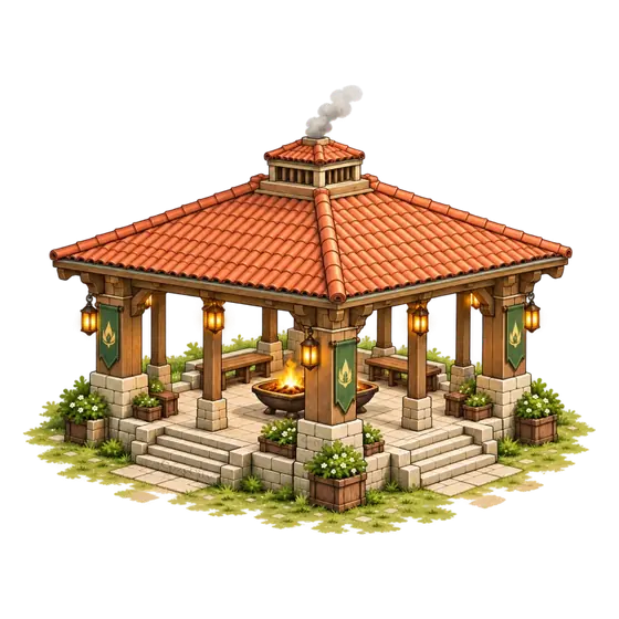 The Cozy City Great Hearth: an open pavilion around a fire, under a terracotta roof, isometric illustration