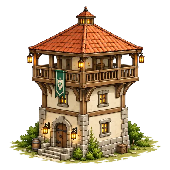 The Cozy City Town Watchtower: a stone tower with a wooden gallery and lanterns, isometric illustration