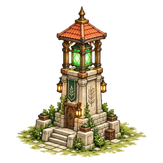 The Cozy City Grand Ward Beacon: a slender stone tower with a green lantern at the top, isometric illustration