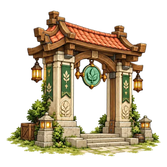 The Cozy City Grand Gate Seal: a carved stone gateway with a green leaf seal and lanterns, isometric illustration