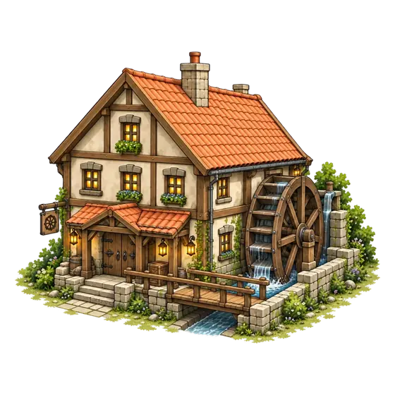 The Cozy City Great Watermill: a timber mill with a water wheel over a small stream, isometric illustration