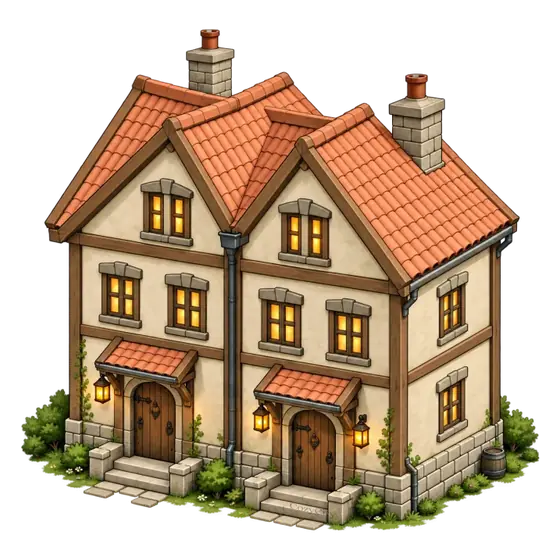 The Cozy City Townhouse: a two-gabled timber-framed house with dormer windows, isometric illustration