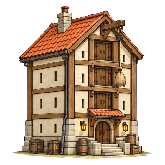 The Cozy City Great Granary: a tall narrow granary with a hoist beam and barrels, isometric illustration