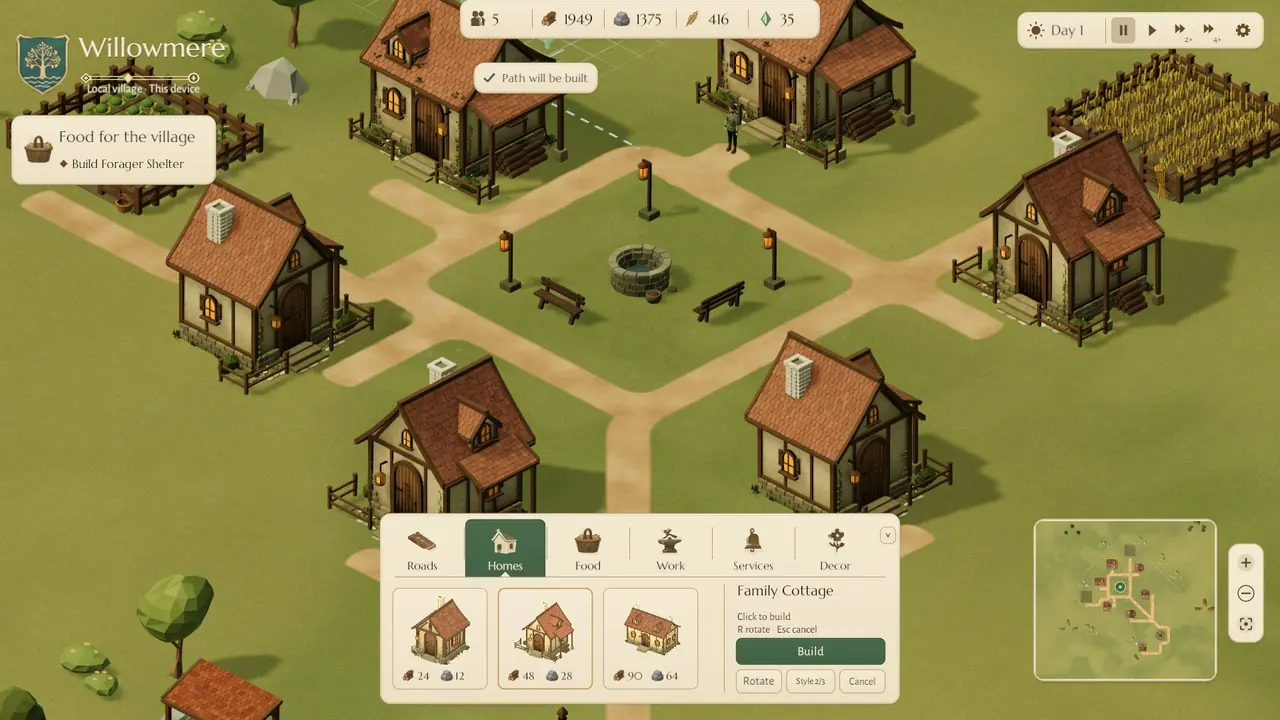 A Cozy City village: cottages with red roofs along sandy paths on a green meadow