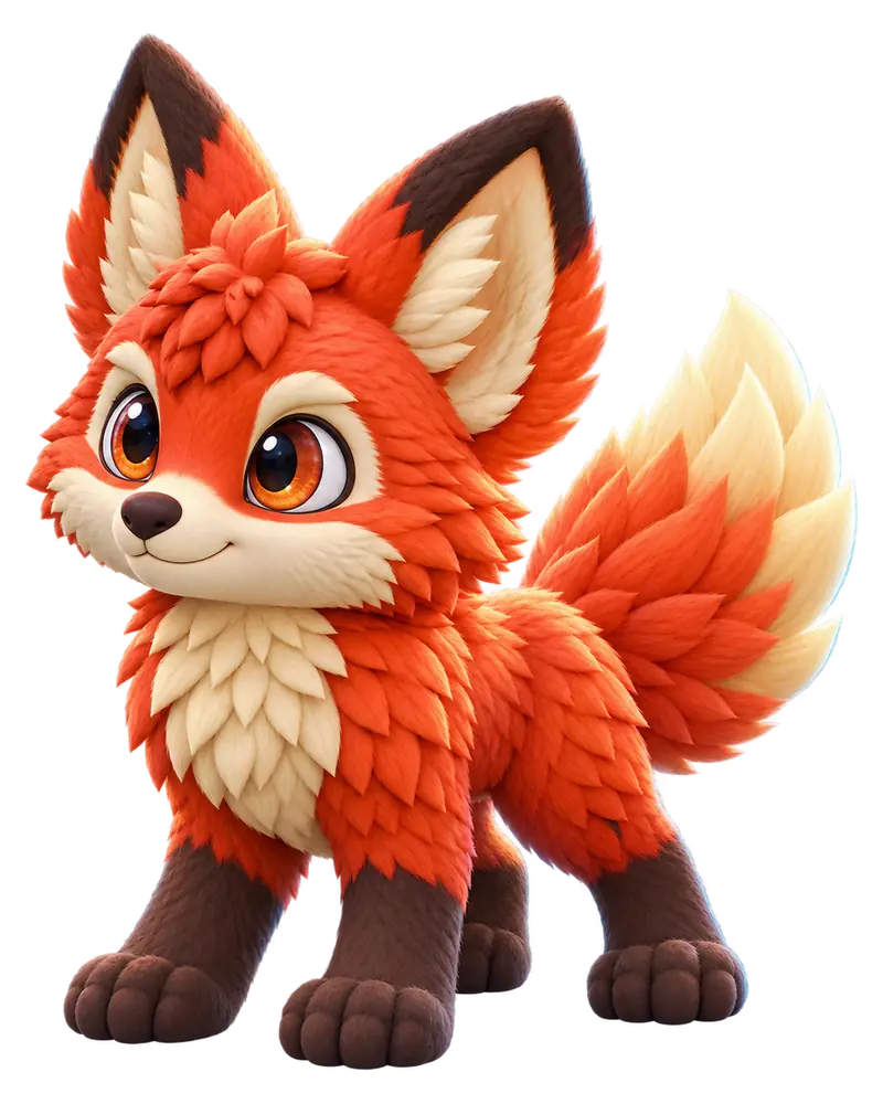 Emberfox, a Brismania creature: a red fox with cream-tipped ears and a flame-coloured tail, 3D render