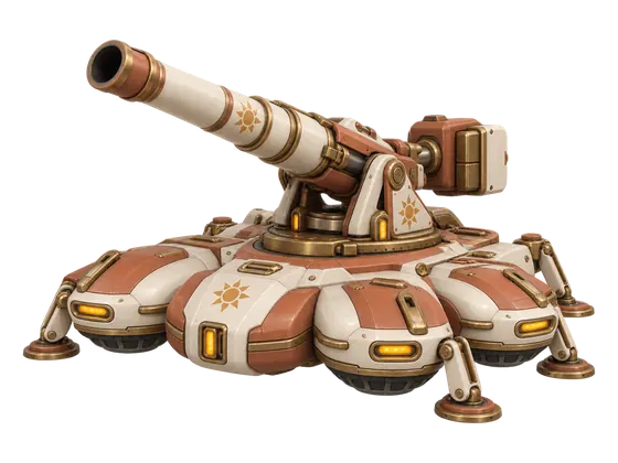 The Hearth Howitzer, an ivory and copper siege gun on rounded hover pods