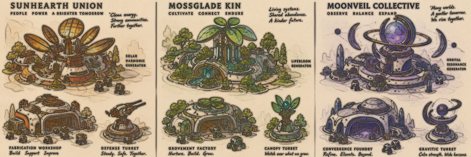 Cozy City RTS design sheet: the Sunhearth Union's Solar Harmonic Generator, Fabrication Workshop and Defense Turret; the Mossglade Kin's Lifebloom Generator, Grovement Factory and Canopy Turret; the Moonveil Collective's Orbital Resonance Generator, Convergence Foundry and Gravitic Turret, each hand-labelled