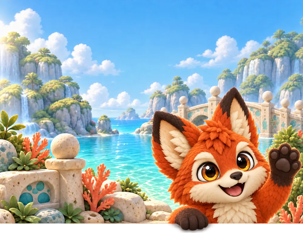 Emberfox waving from a ledge over a turquoise bay, with waterfalls, coral and a stone bridge behind — a Brismania welcome scene
