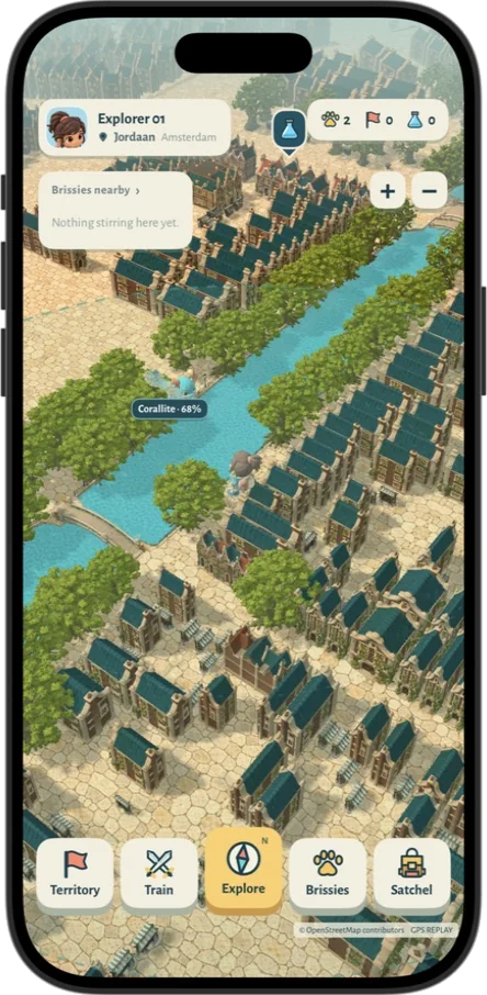 Brismania's explore screen: an explorer card, a Brissies-nearby list, zoom buttons and a tab bar over the canal map