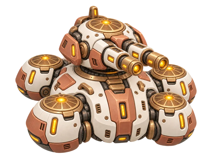 The Emberguard, a Sunhearth heavy tank in ivory and copper with twin cannons and sun-crested hover pods