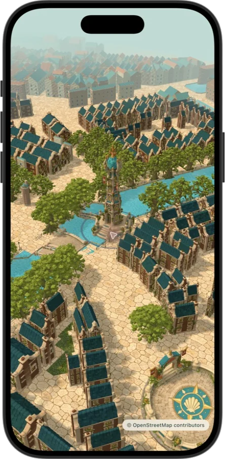 Brismania on an iPhone: Amsterdam's canals, gabled houses and trees built as a 3D world from the real street map