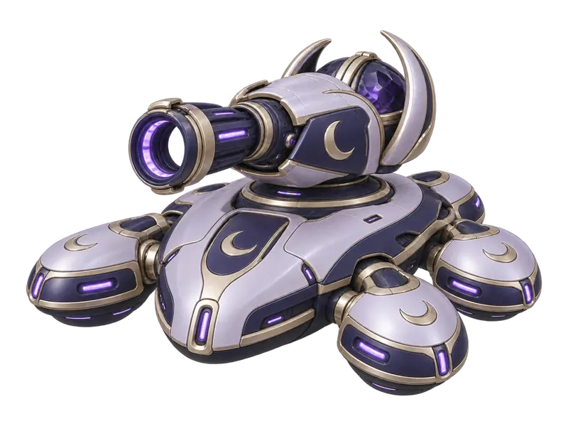 Eclipse, a Cozy City RTS vehicle: a lilac hover tank with a crescent-horned turret, concept art