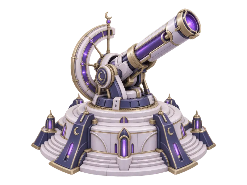 Lunarium Battery, a Cozy City RTS vehicle: a tiered moonstone platform with a violet-lit cannon, concept art