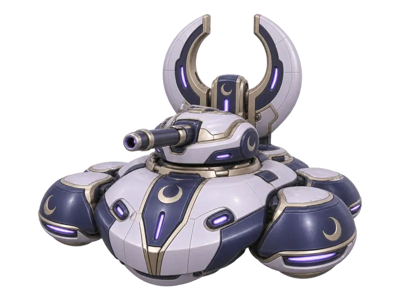 Veilguard, a Cozy City RTS vehicle: a rounded navy and lilac tank under two crescent horns, concept art