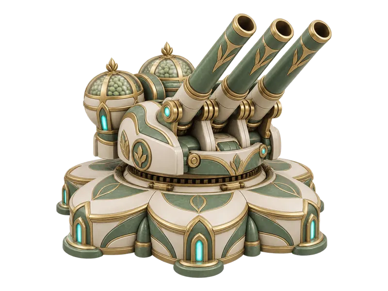 Bloom Battery, a Cozy City RTS vehicle: a domed battery with three green mortar tubes, concept art
