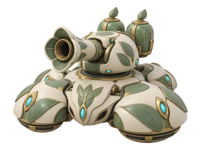 Bramble, a Cozy City RTS vehicle: a round leaf-patterned tank with a flared seed cannon, concept art
