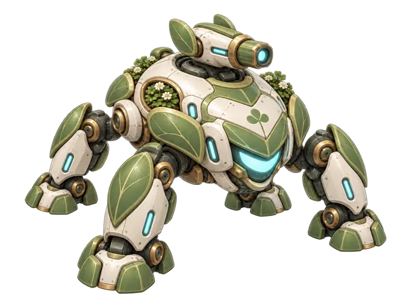 Scout Walker, a Cozy City RTS vehicle: a four-legged green and cream walker, concept art