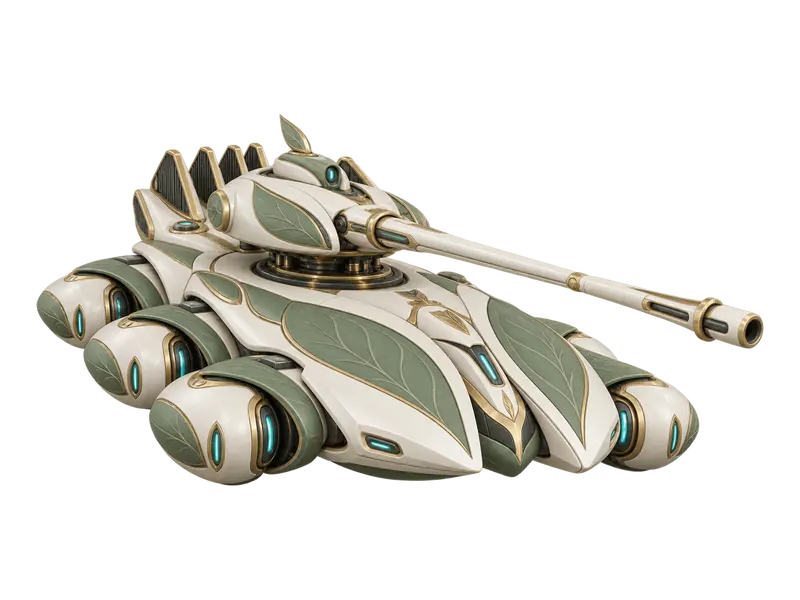 Thornback, a Cozy City RTS vehicle: a sleek leaf-green tank with a long gun, concept art