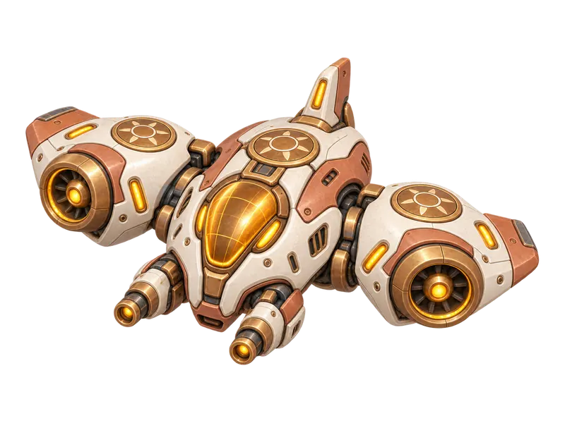 Air Skimmer, a Cozy City RTS vehicle: a copper and ivory aircraft with round turbine pods, concept art
