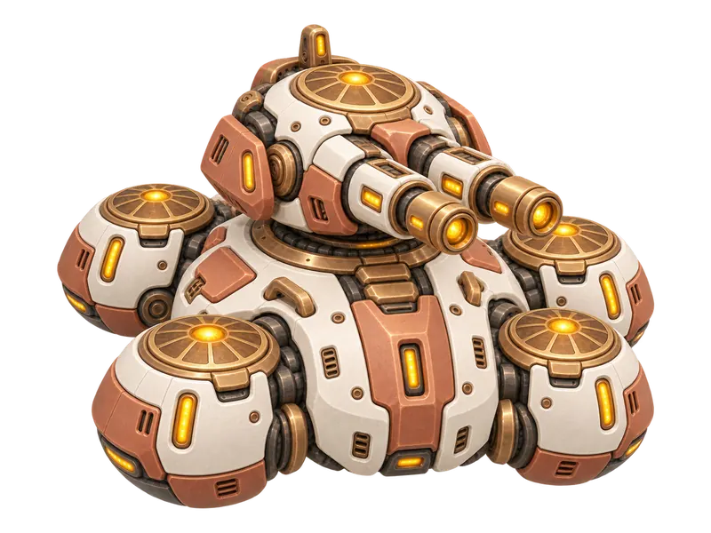 Emberguard, a Cozy City RTS vehicle: an ivory and copper heavy tank with twin cannons, concept art