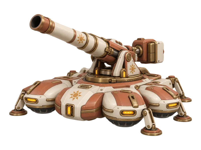 Hearth Howitzer, a Cozy City RTS vehicle: a long-barrelled ivory and copper siege gun on hover pods, concept art