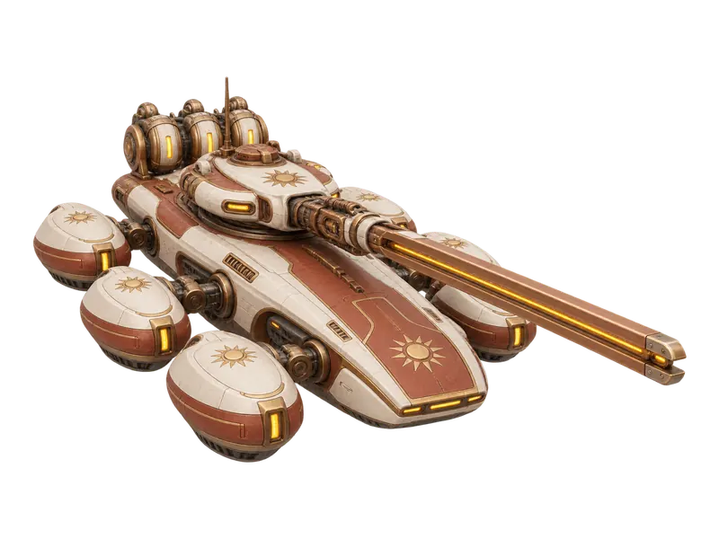 Sunlance, a Cozy City RTS vehicle: a low hover tank with a long glowing rail cannon, concept art